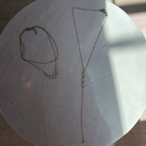 Pair of Two Jewel Layered Necklaces Gold Lobster Clasp